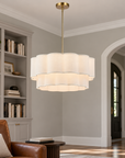 Maren 6-Light Adjustable-Angle Brushed Brass Chandelier with Tiered Linen Shades
