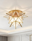 Brass Moravian Star Flush Mount Ceiling Light with Seeded Glass