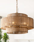 Bohemian Antique Gold 6-Light Drum Pendant Light with Natural Rope