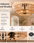 Farmhouse Wood Beaded 3-Light Flush Mount Ceiling Light