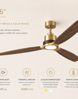 56" Modern Soft Brass & Solid Wood Ceiling Fan with LED Light