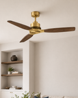 56" Modern Soft Brass & Solid Wood Ceiling Fan, No Light