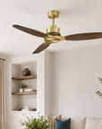 56" Modern Soft Brass & Solid Wood Ceiling Fan, No Light