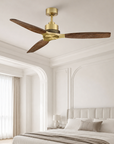 56" Modern Soft Brass & Solid Wood Ceiling Fan, No Light