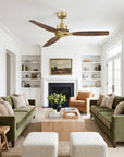56" Modern Soft Brass & Solid Wood Ceiling Fan, No Light