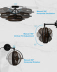 Wall-mounted ceiling fan demonstrating 180 degree tilt and 358 degree horizontal rotation.