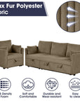 Brown Faux Fur Oversized Convertible Sleeper Sectional Sofa with Pull-Out Chair and USB Ports