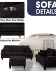 Black Sofa and Loveseat Set with Storage Ottoman and USB Charging