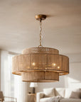 Bohemian Antique Gold 6-Light Drum Pendant Light with Natural Rope - IPLUS Lighting