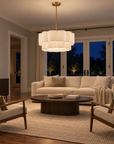 Maren 6-Light Adjustable-Angle Brushed Brass Chandelier with Tiered Linen Shades