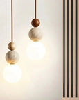 Rile Modern Spherical Travertine and Wood Pendant Light - IPLUS Lighting