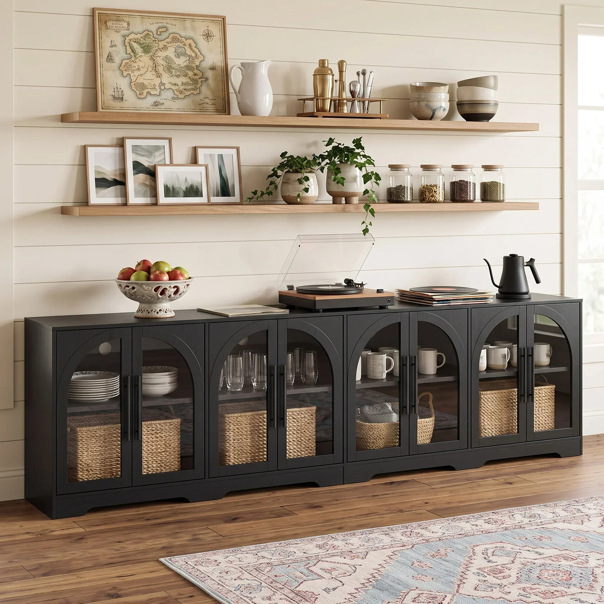 55" Aria Modern Oak Sideboard Cabinet with Arched Glass Doors