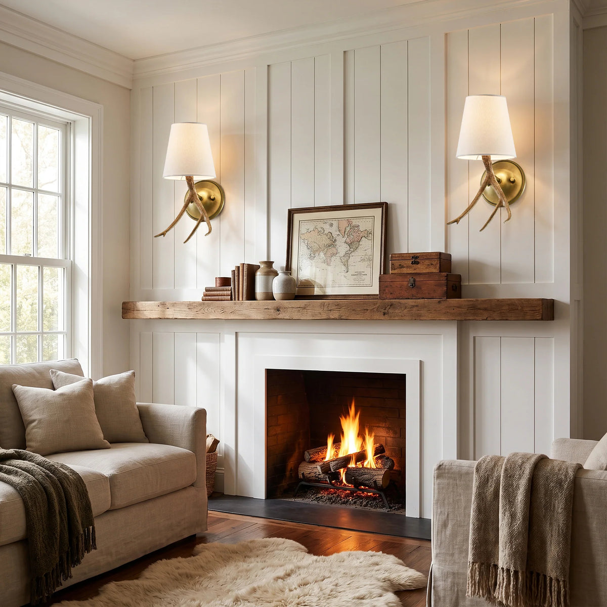 Caldwell 1-Light Antique Brass Antler Wall Sconce with Fabric Shade