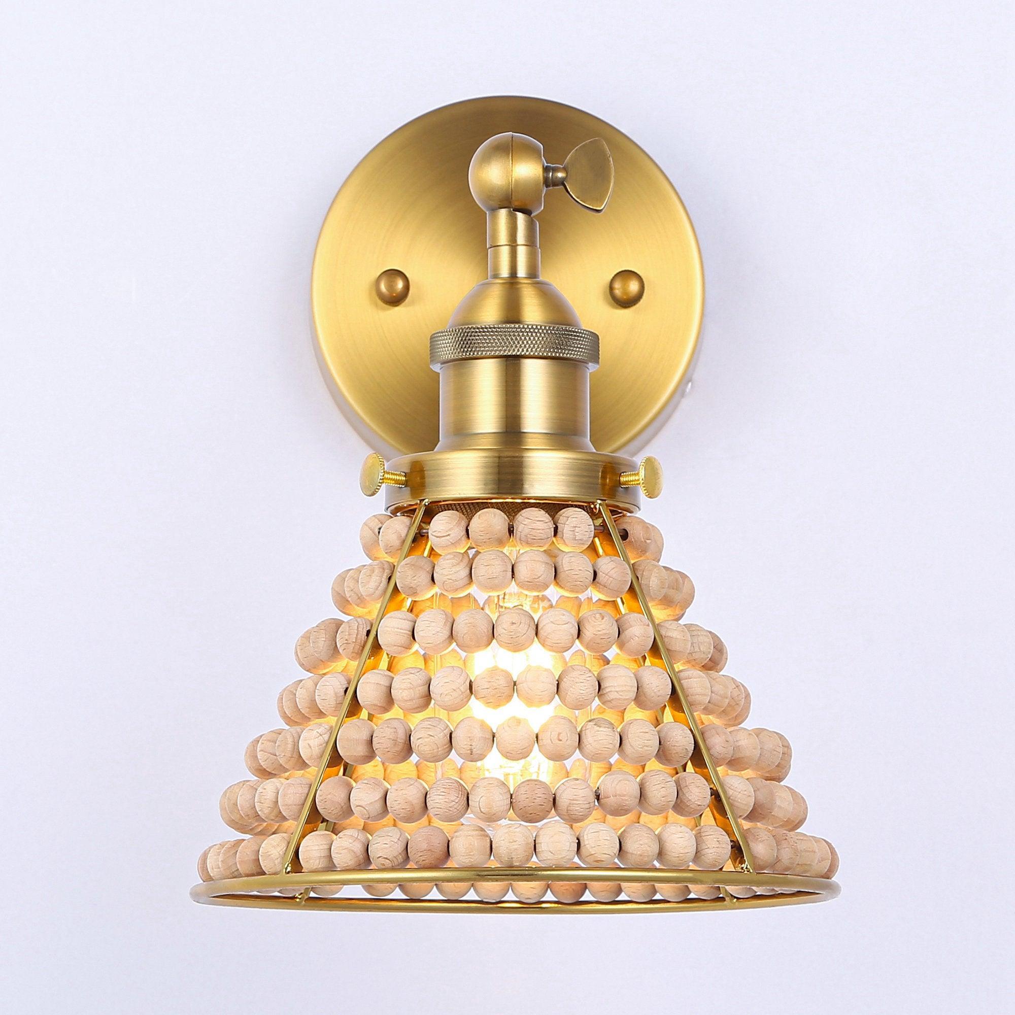 1-Light Modern Golden Wall Scone Light with Wooden Beads - ParrotUncle