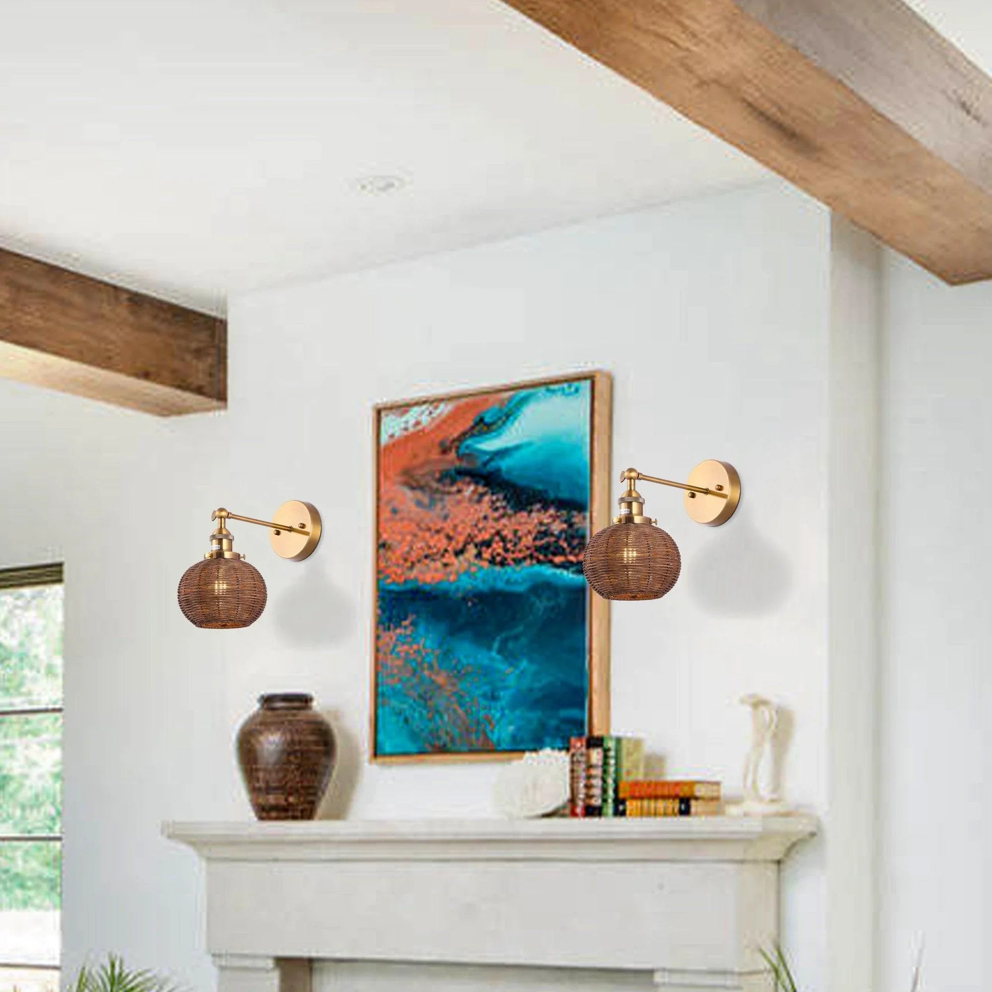 Traditional Rattan 1-Light Golden Wall Sconce Light - IPLUS Lighting