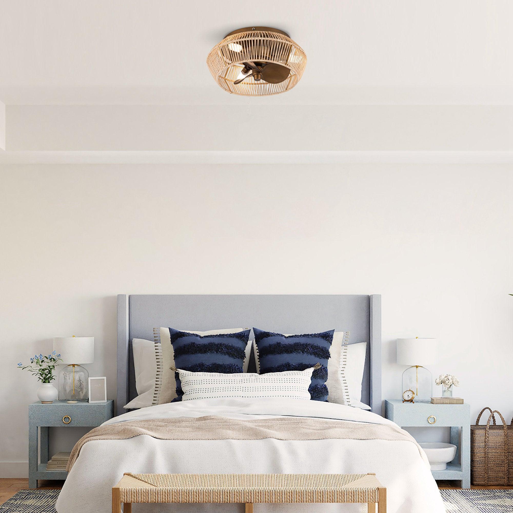 14 Inch Farmhouse Reversible Iron Ceiling Fan with Woven Rattan Cage - IPLUS Lighting