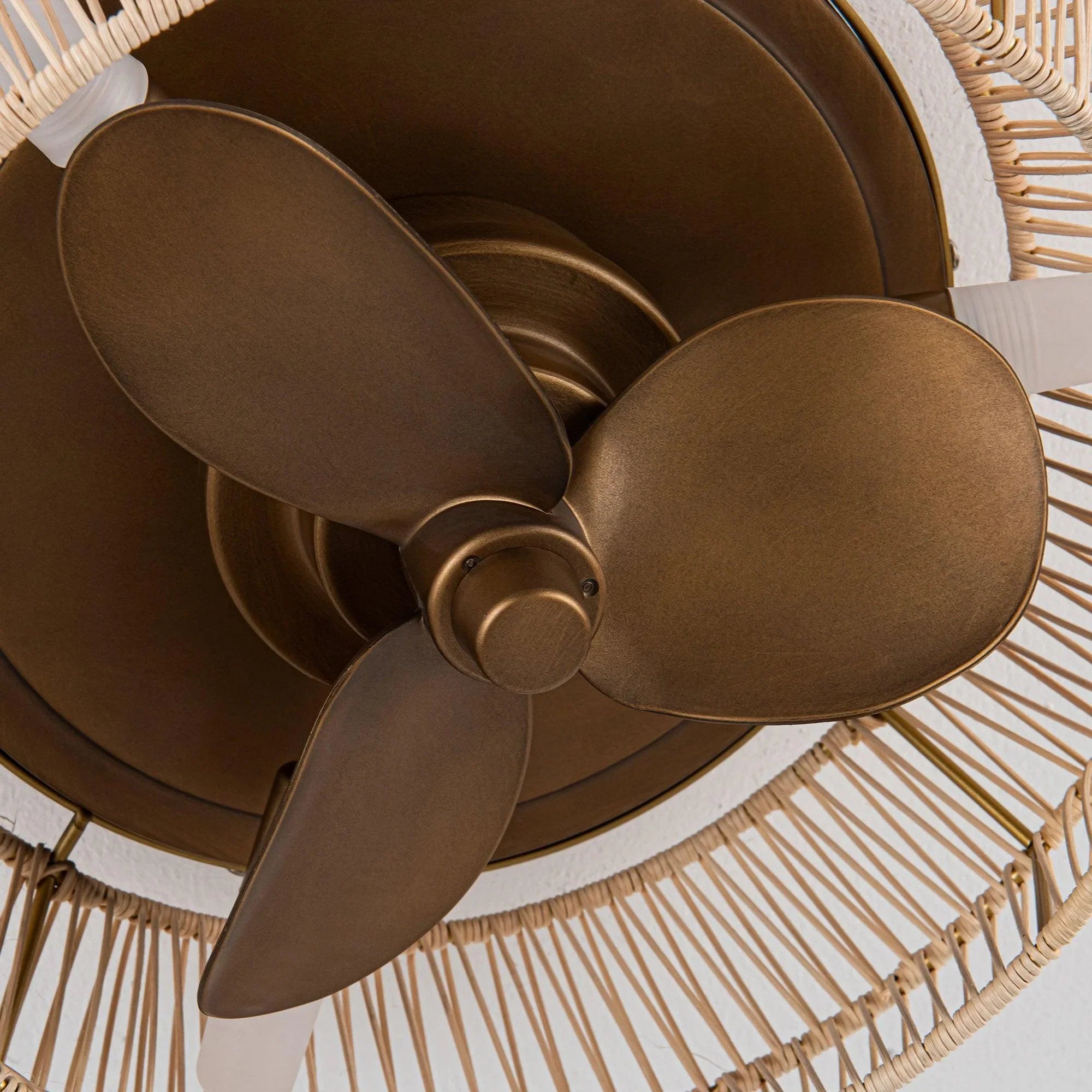 14 Inch Farmhouse Reversible Iron Ceiling Fan with Woven Rattan Cage - IPLUS Lighting