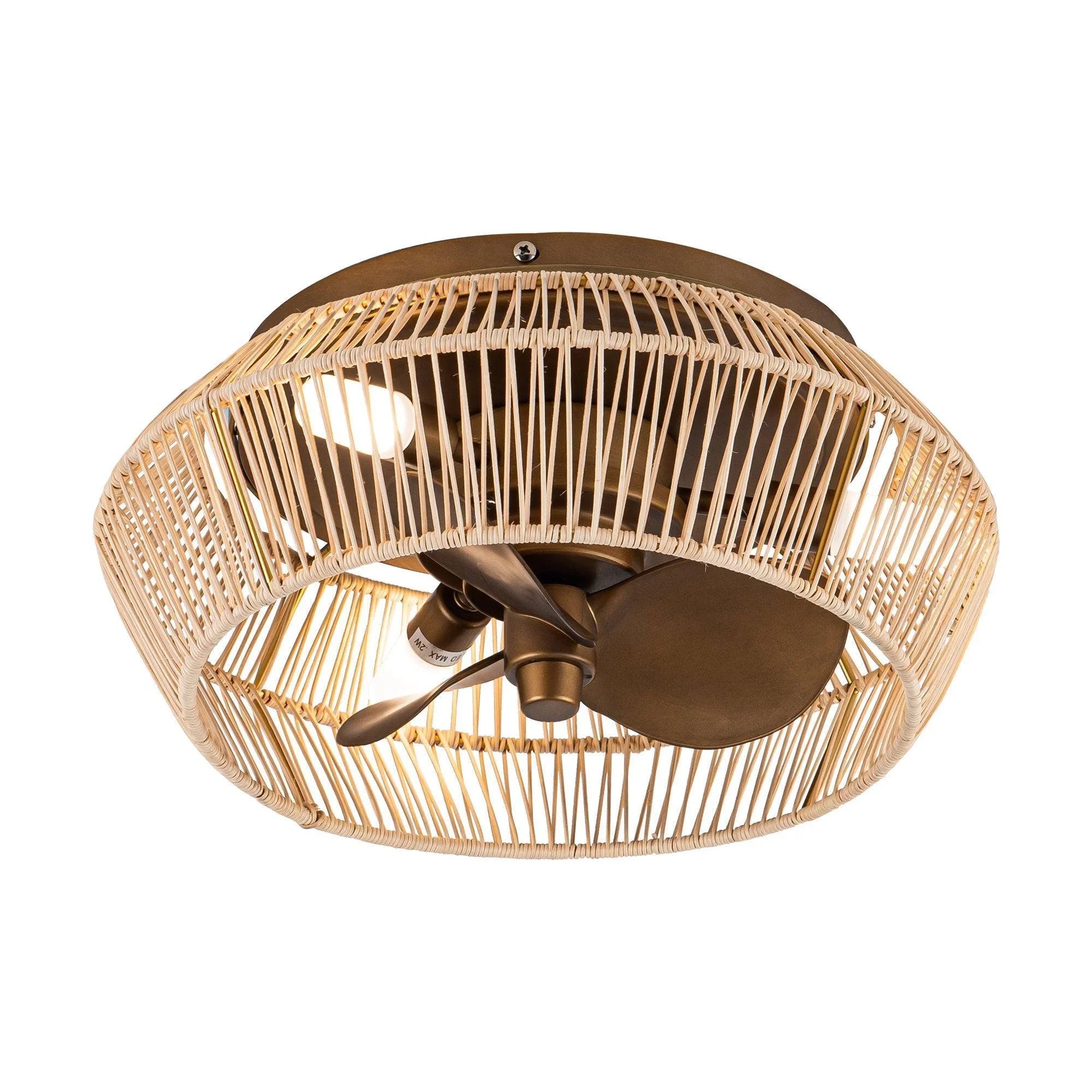 14 Inch Farmhouse Reversible Iron Ceiling Fan with Woven Rattan Cage - IPLUS Lighting