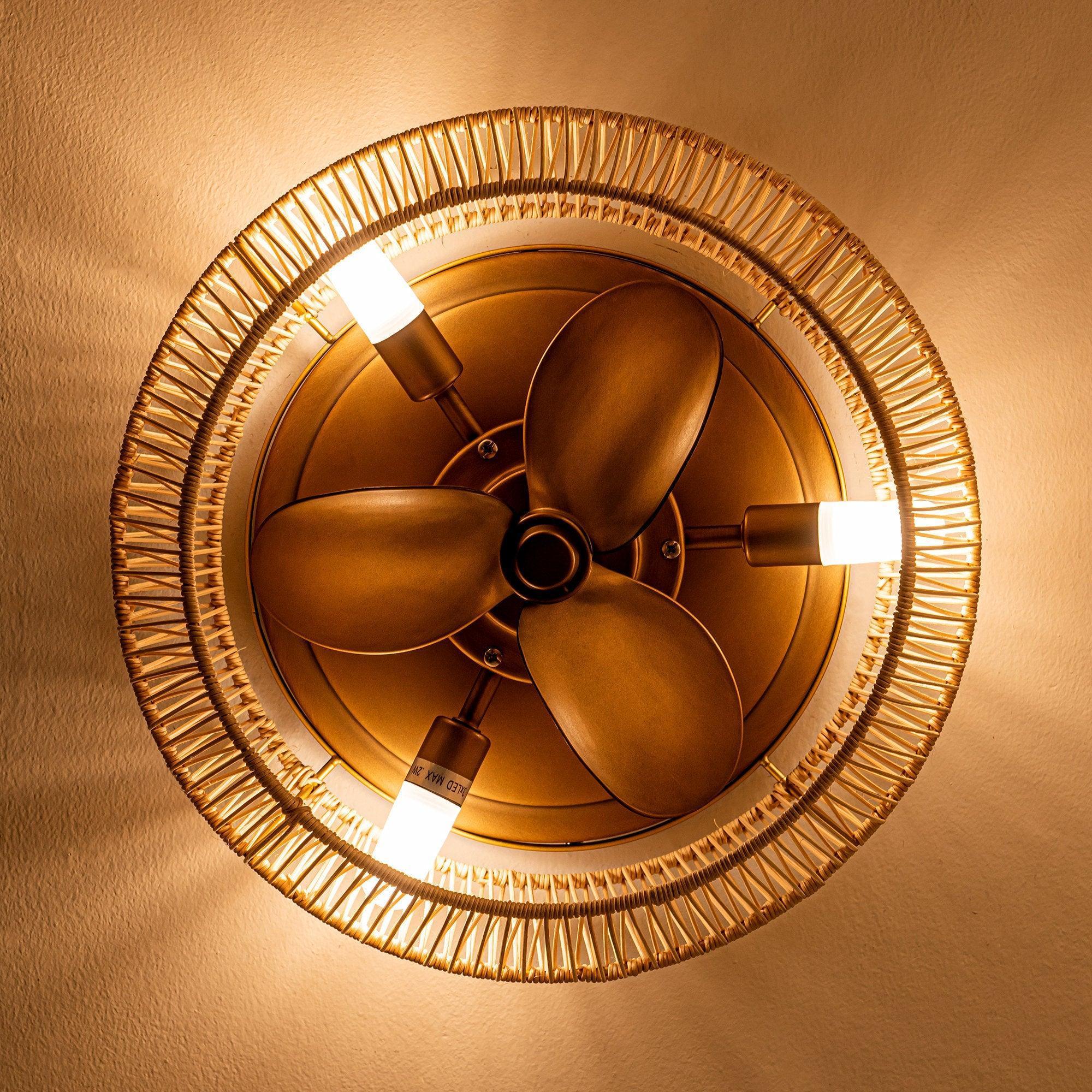 14 Inch Farmhouse Reversible Iron Ceiling Fan with Woven Rattan Cage - IPLUS Lighting