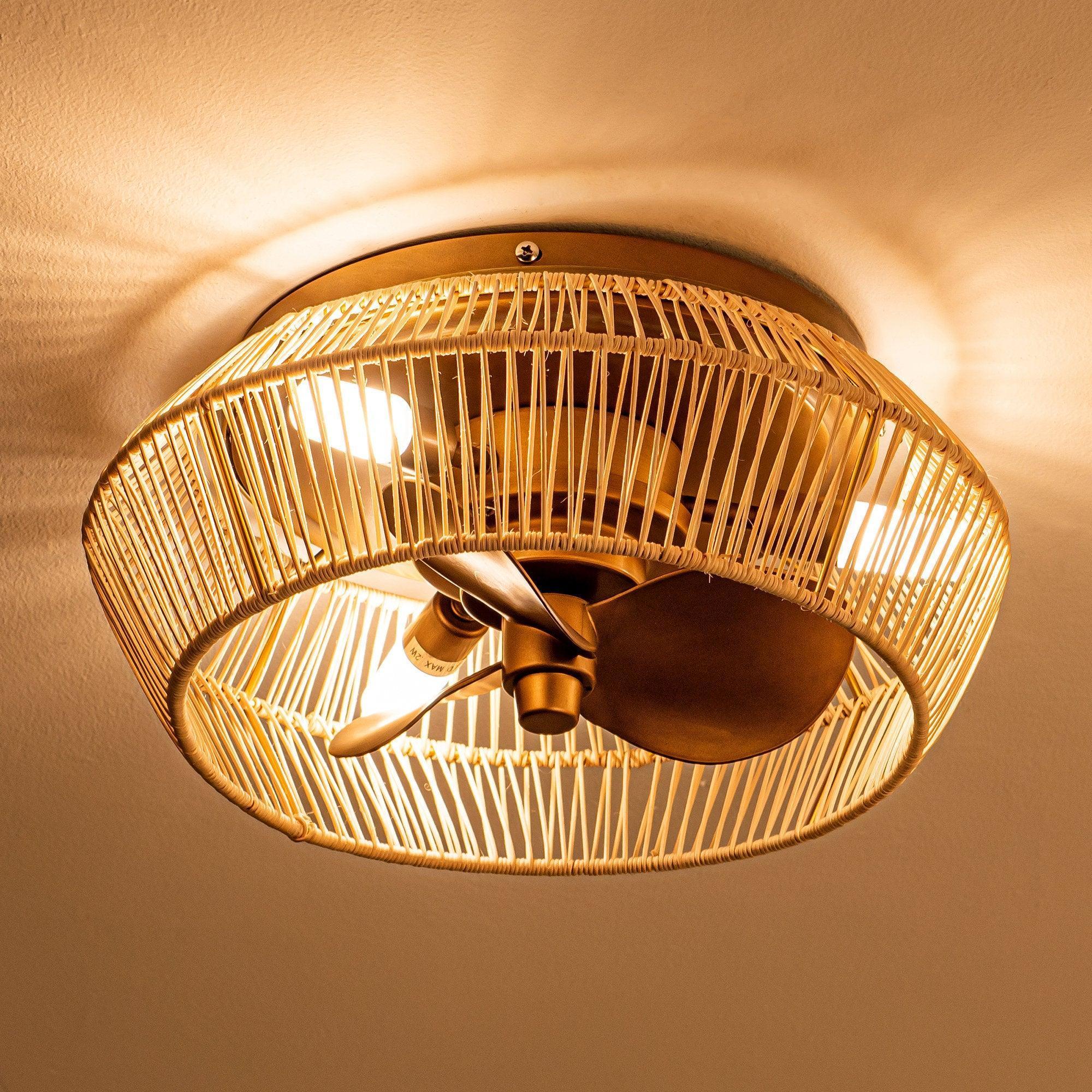 14 Inch Farmhouse Reversible Iron Ceiling Fan with Woven Rattan Cage - IPLUS Lighting