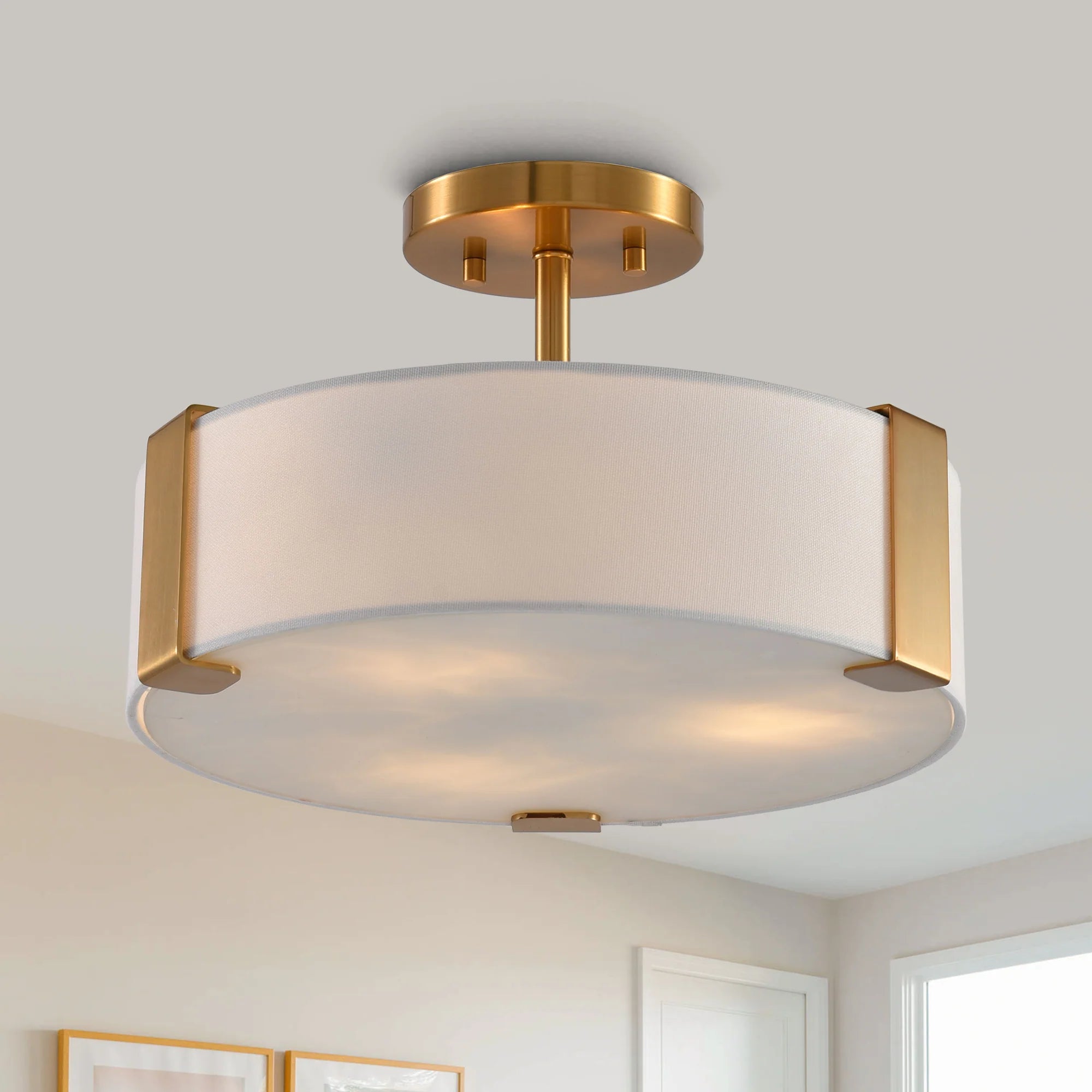 Ella 3-Light 14-Inch Electroplate Golden Semi-Flush Ceiling Light