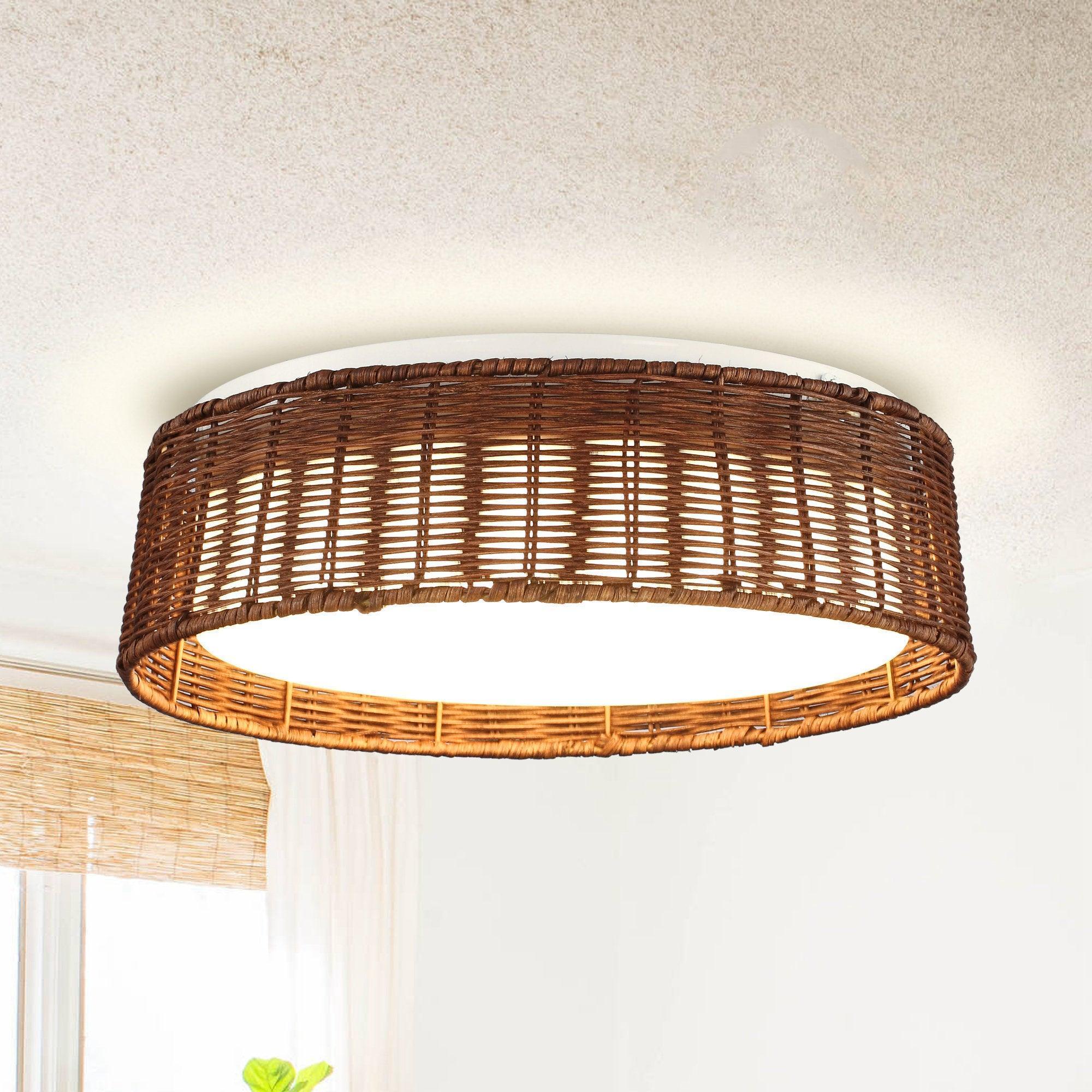 Traditional Brown 17 Inch Rattan LED Flush Mount Ceiling Light - IPLUS Lighting