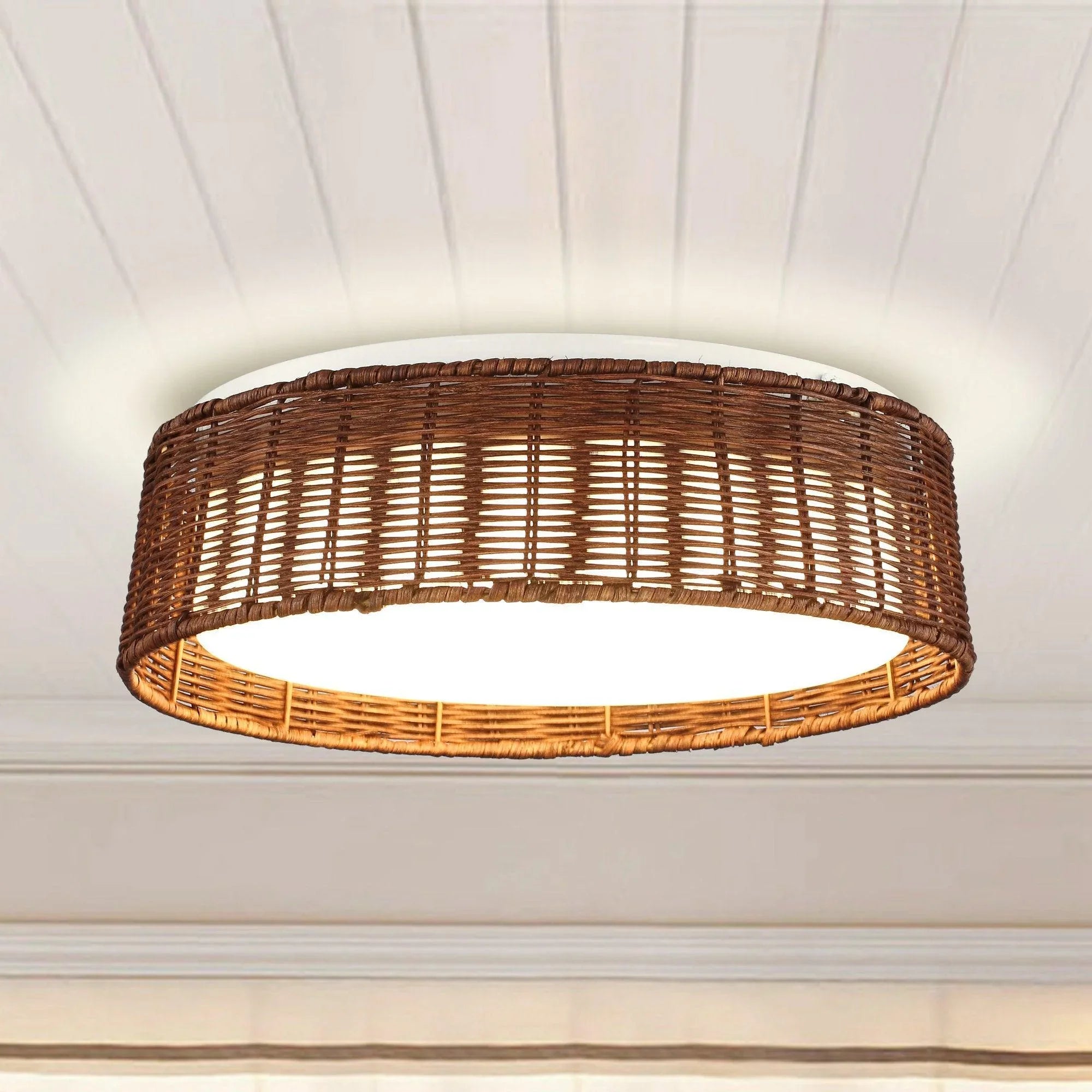 Traditional Brown 17 Inch Rattan LED Flush Mount Ceiling Light - IPLUS Lighting