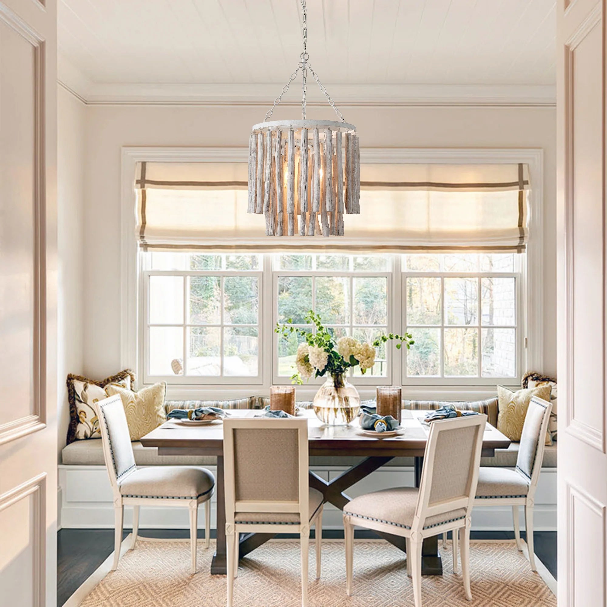 17 Inch 4 Light White Wood Chandelier for Dining or Living Room