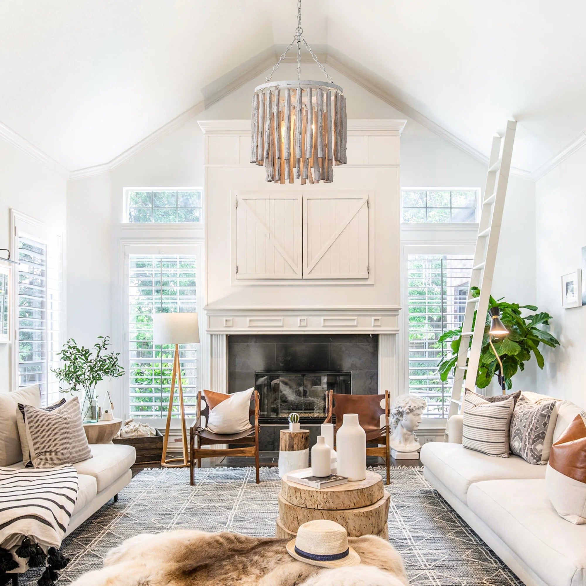 17 Inch 4 Light White Wood Chandelier for Dining or Living Room