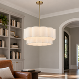 Maren 6-Light Adjustable-Angle Brushed Brass Chandelier with Tiered Linen Shades