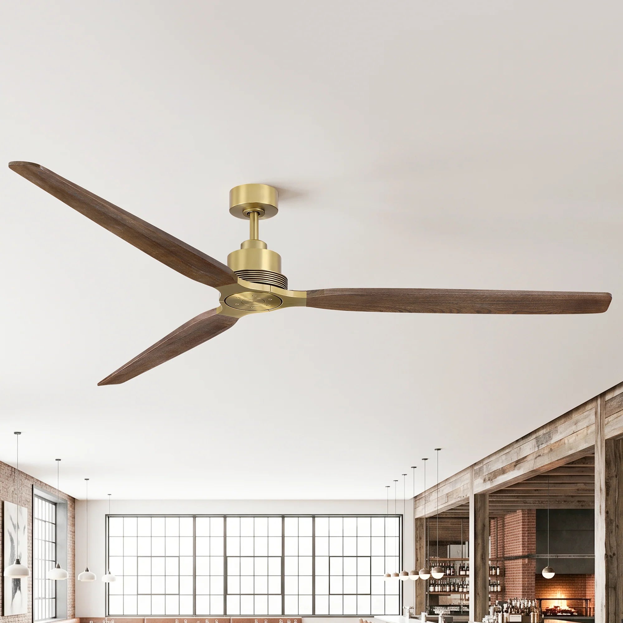 84" Modern Soft Brass Ceiling Fan with Solid Wood Blades for Large Spaces