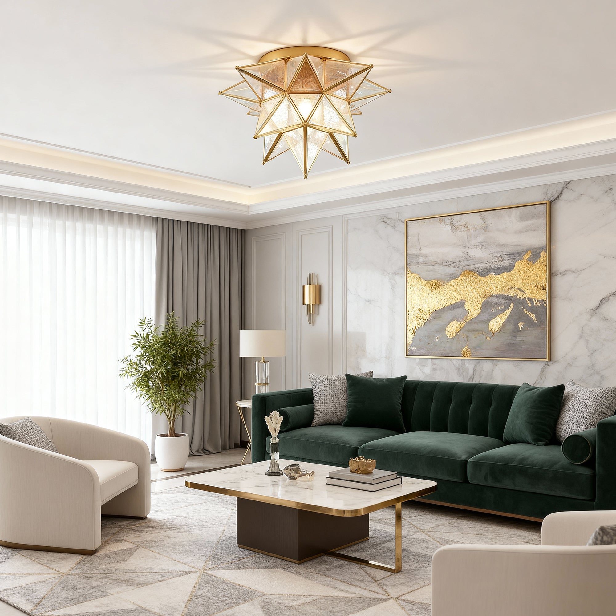 Brass Moravian Star Flush Mount Ceiling Light with Seeded Glass