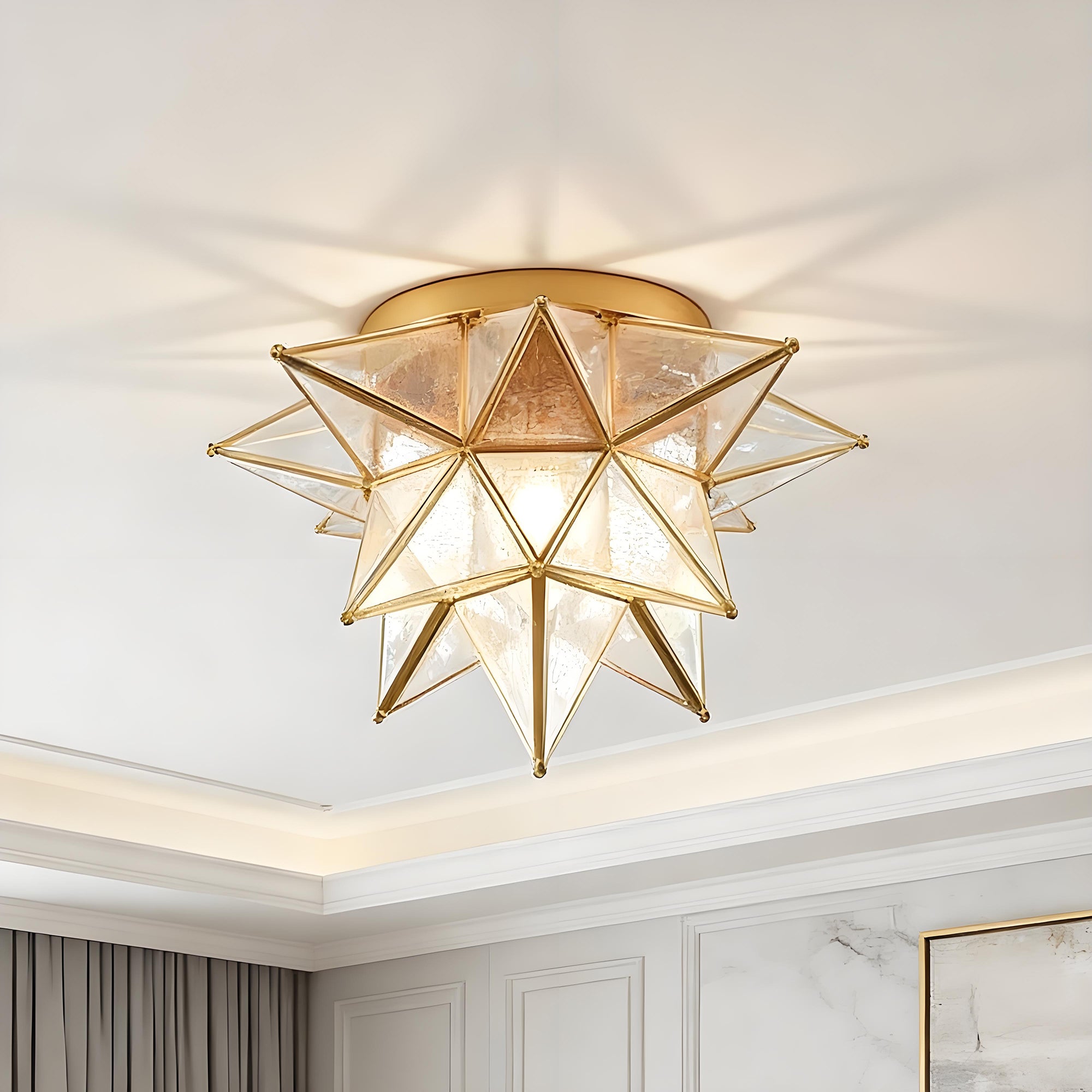 Brass Moravian Star Flush Mount Ceiling Light with Seeded Glass