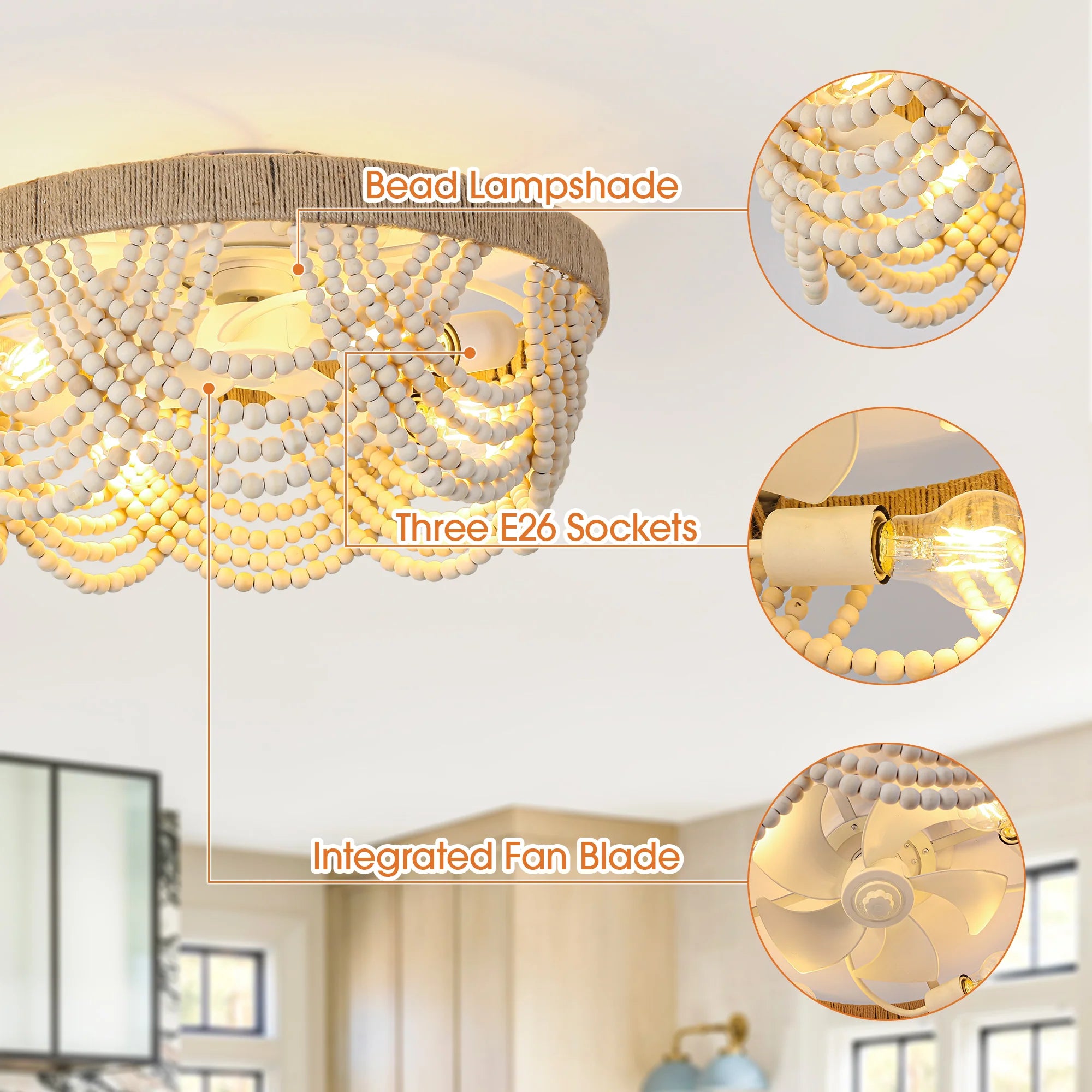 20" Farmhouse Handmade Wooden Beads Smart Ceiling Fan