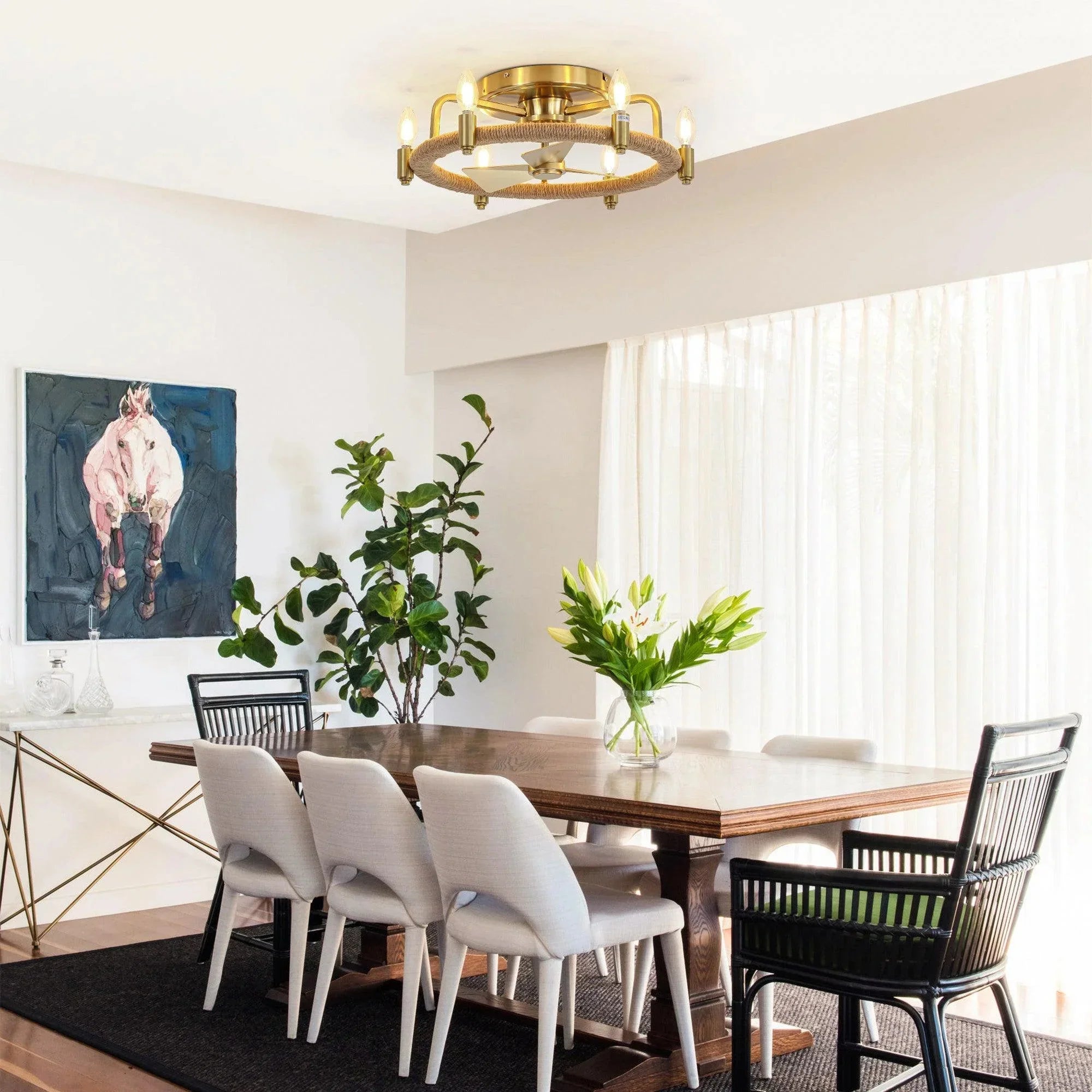 20" Golden Rattan Flush Mount Ceiling Fan - IPLUS Lighting