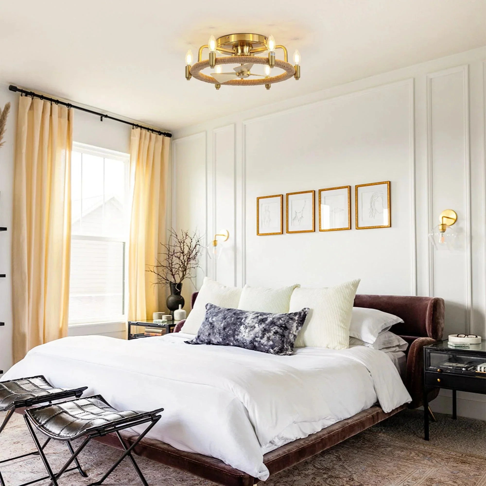 20" Golden Rattan Flush Mount Ceiling Fan - IPLUS Lighting