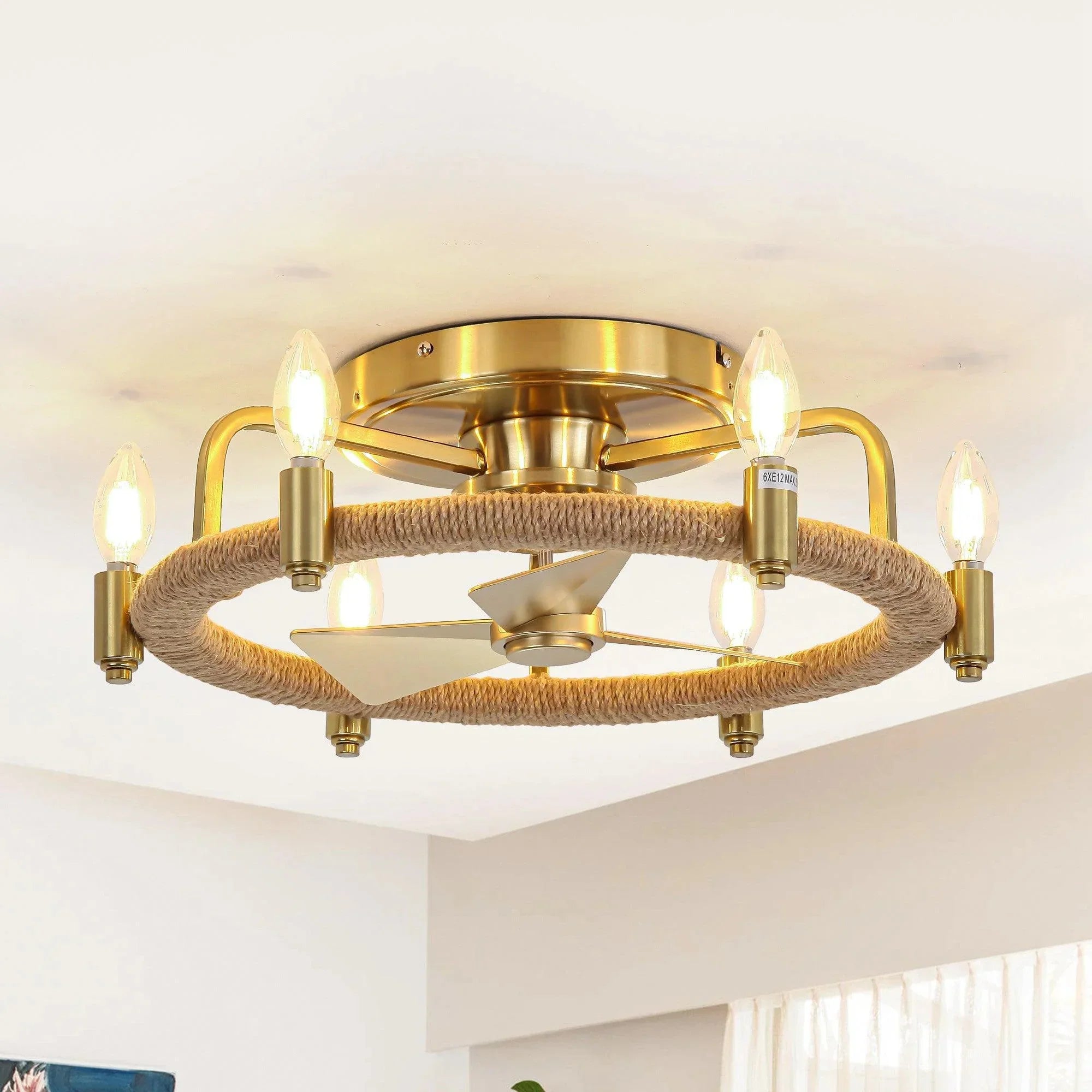 20" Golden Rattan Flush Mount Ceiling Fan - IPLUS Lighting
