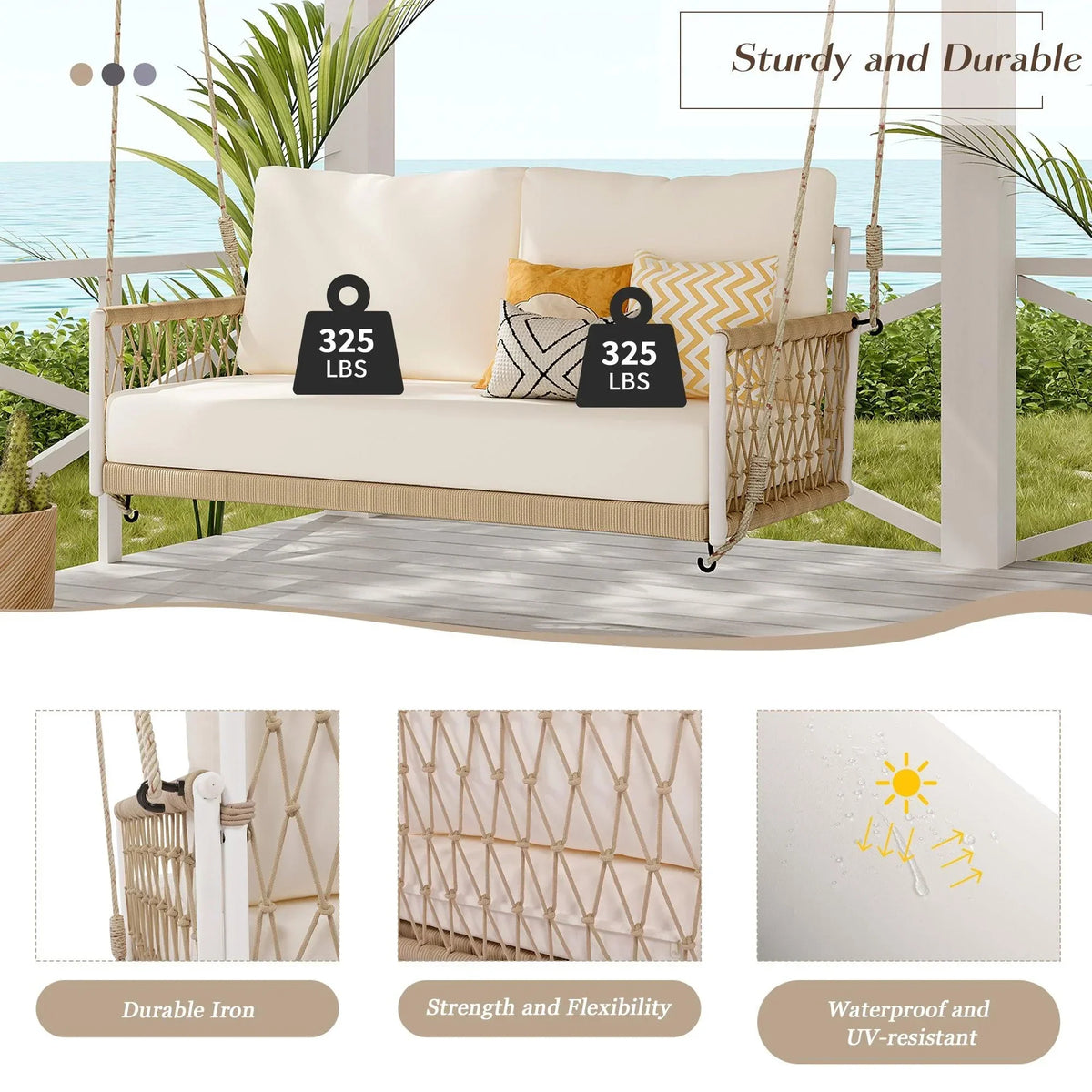 Marin 2-Seat Woven Rope Outdoor Swing Sofa with Cushions