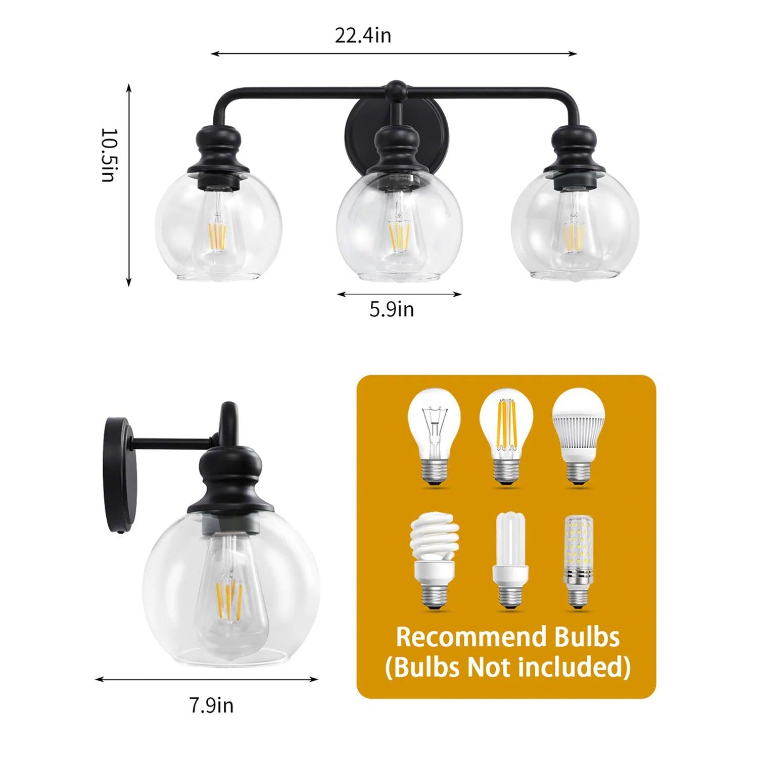 Clear Glass Irvine Black Modern 3-Light Vanity Light