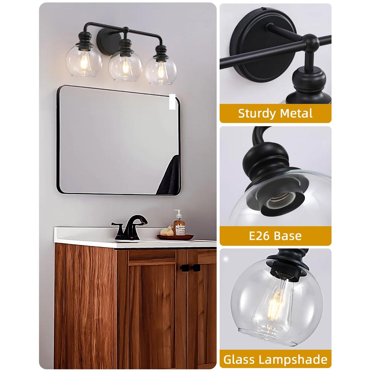 Clear Glass Irvine Black Modern 3-Light Vanity Light