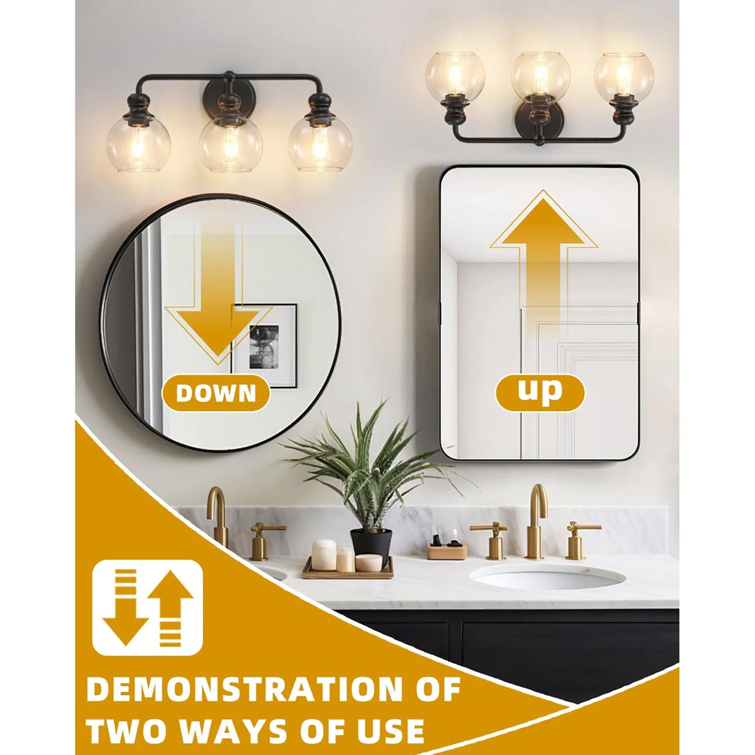 Clear Glass Irvine Black Modern 3-Light Vanity Light