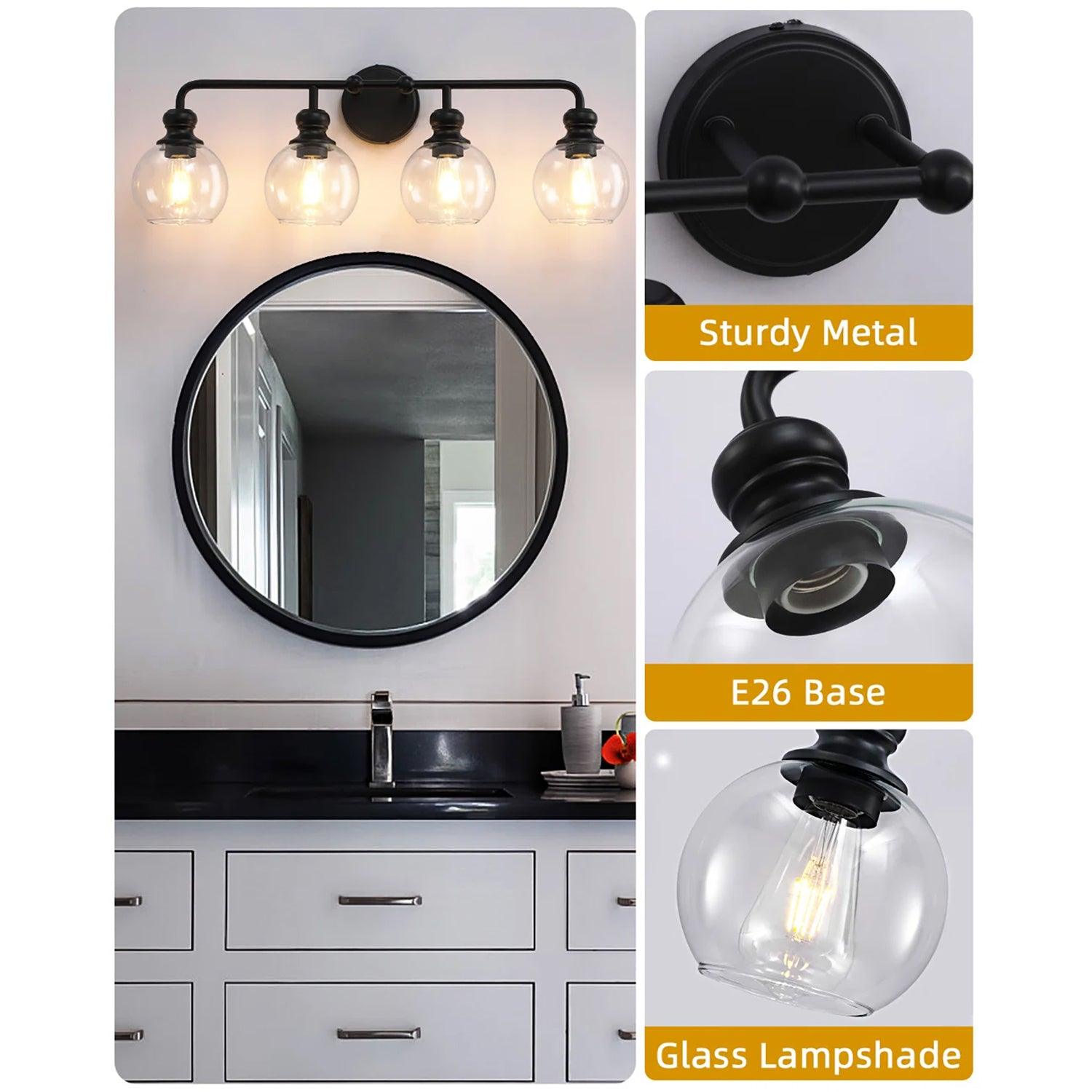 Clear Glass Irvine Black Modern 4-Light Vanity Light