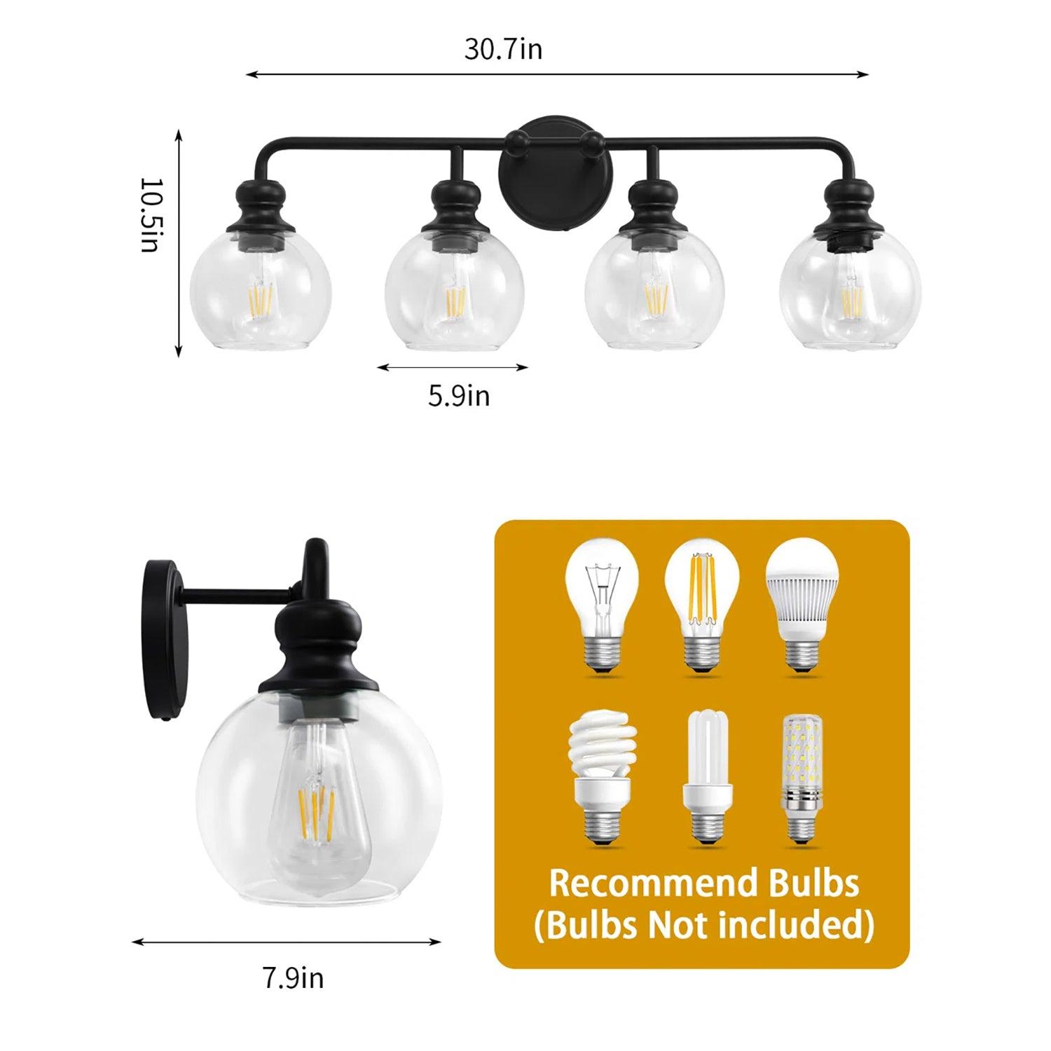 Clear Glass Irvine Black Modern 4-Light Vanity Light