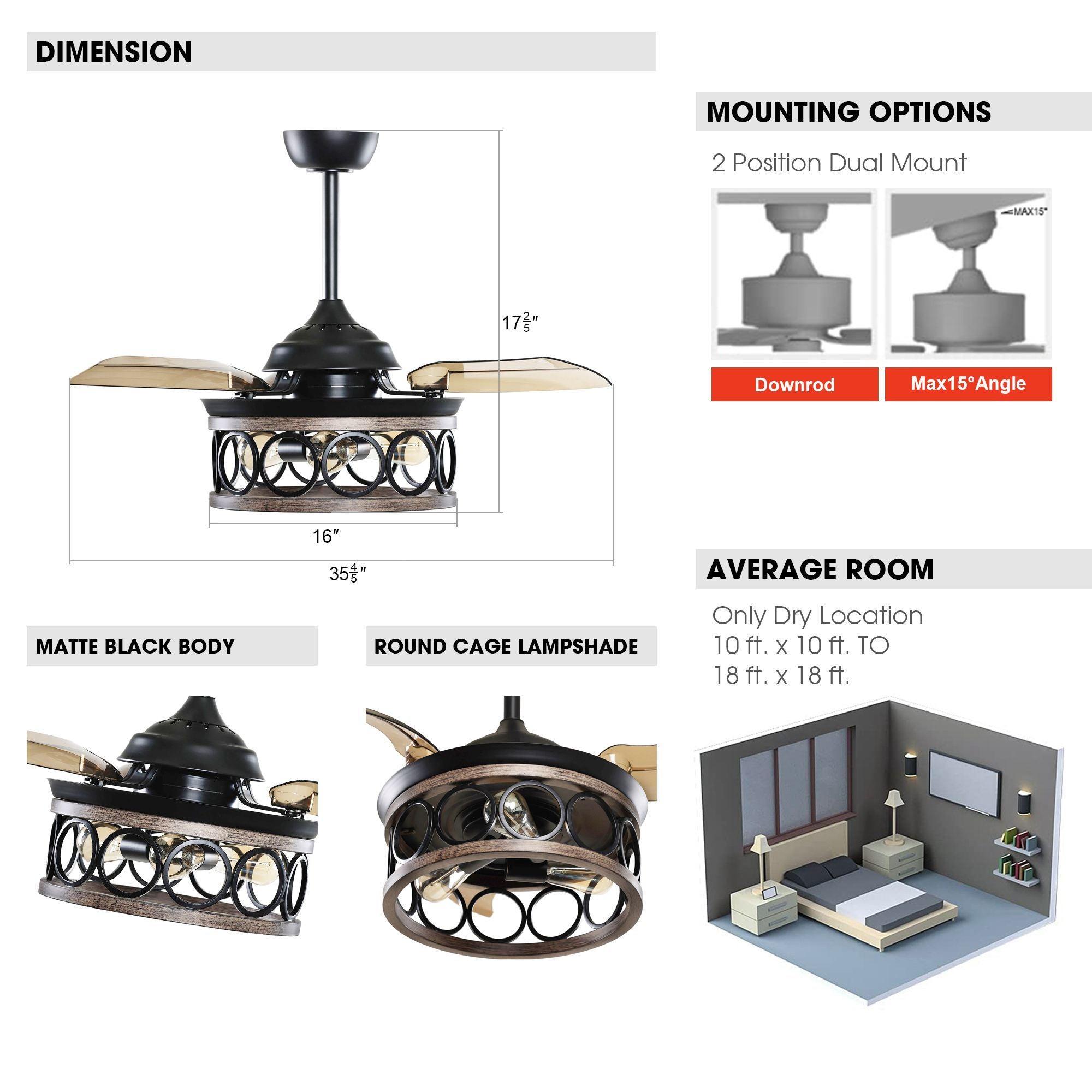 36" Mirelle Farmhouse Downrod Mount Ceiling Fan with Lighting and Wall Control - IPLUS