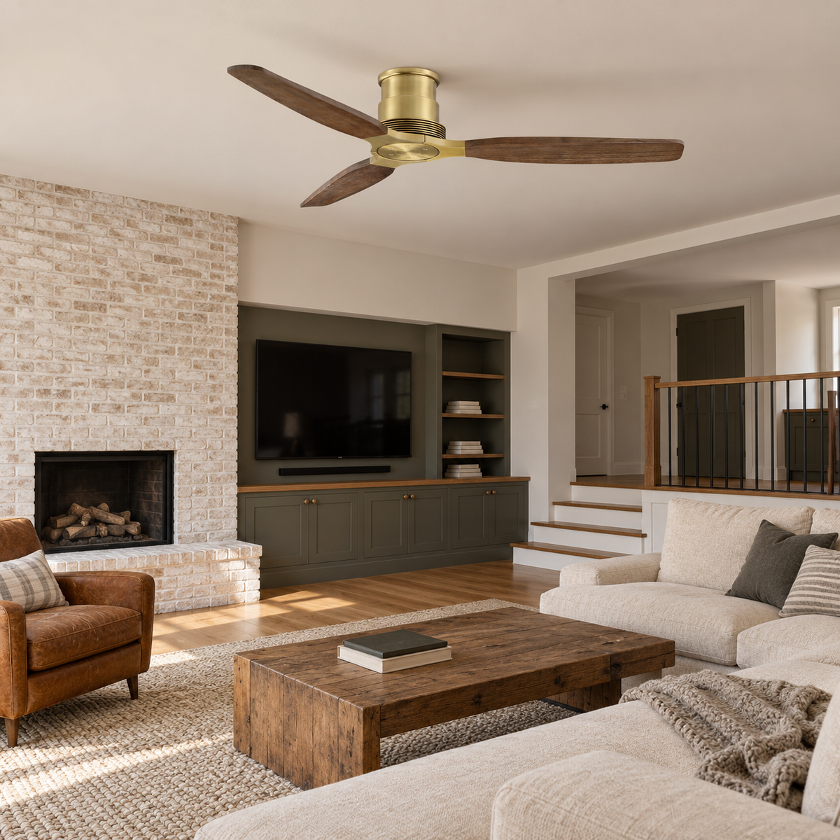 48" Louise Modern Soft Brass Flush Mount Ceiling Fan with Solid Wood Blades