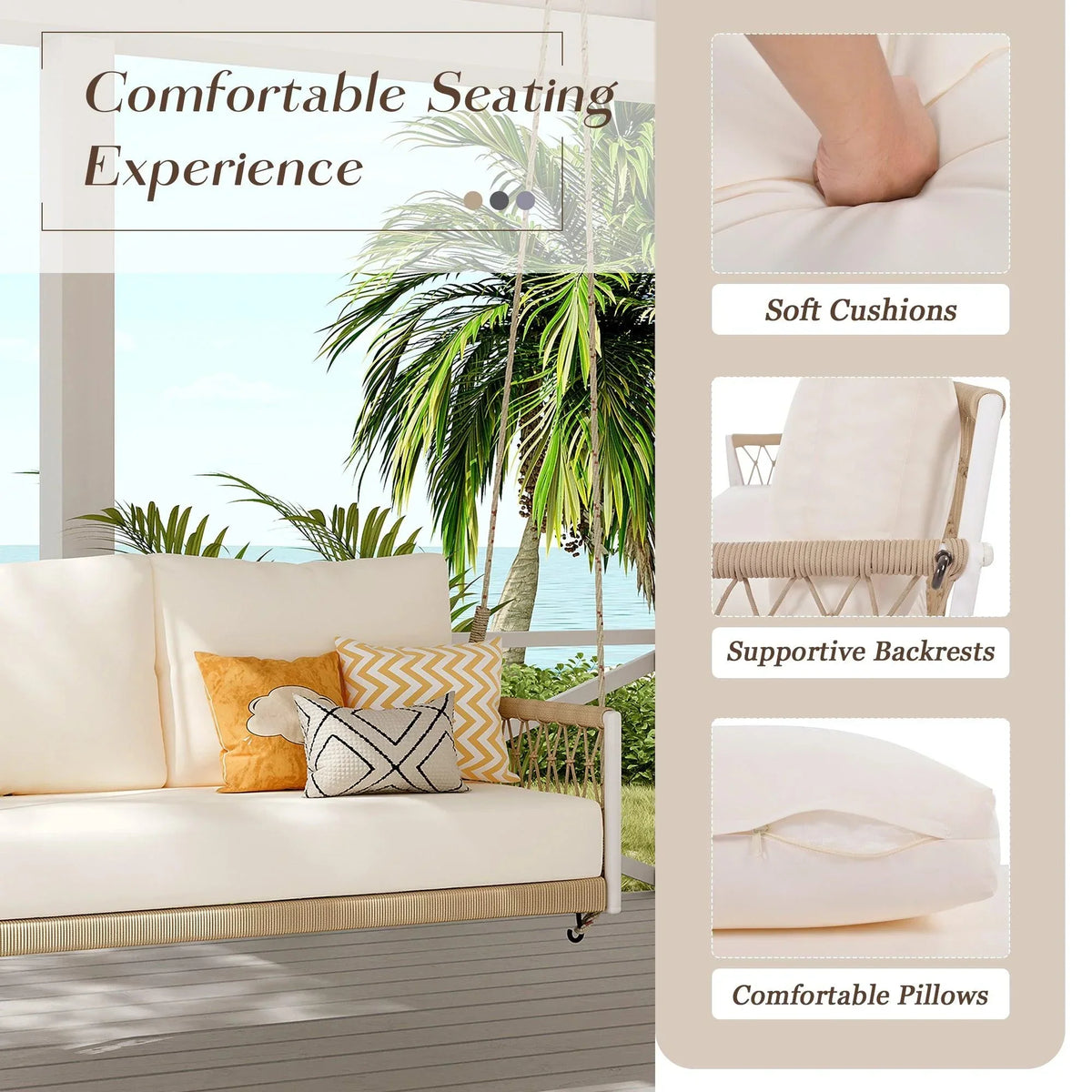 Marin 2-Seat Woven Rope Outdoor Swing Sofa with Cushions