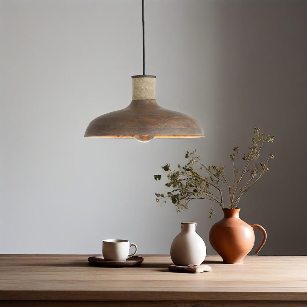 Rustic Industrial 1 - Light Wooden Pendant Light with Jute Rope Accent