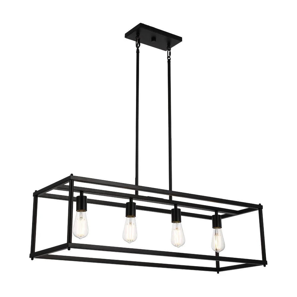 4 Light Modern Matte Black Linear Chandelier Rectangle Open Frame Ceiling Light