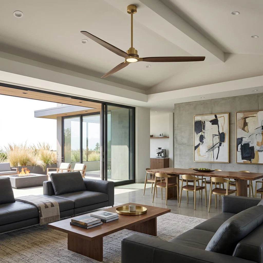 84" Modern Soft Brass Ceiling Fan with Solid Wood Blades for Large Spaces