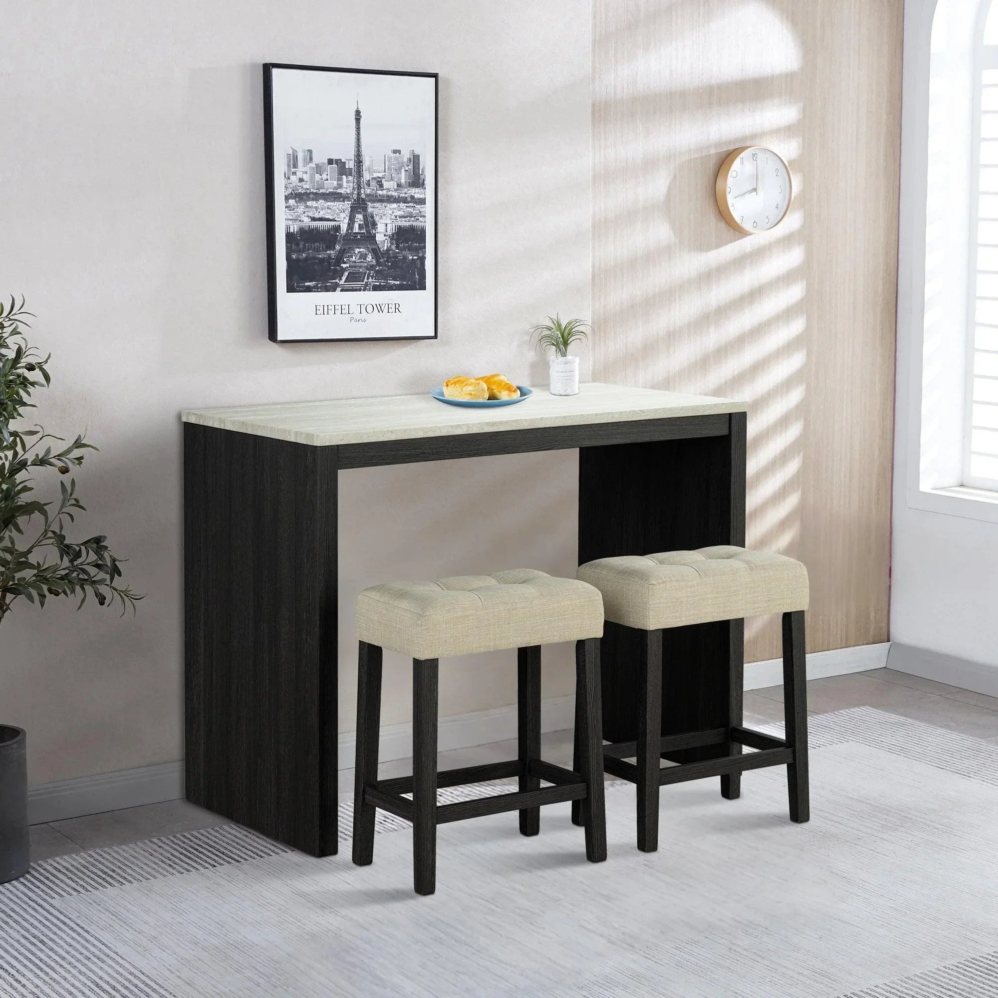 48" Modern Breakfast Dining Table Set with 2 Stools and Travertine Top
